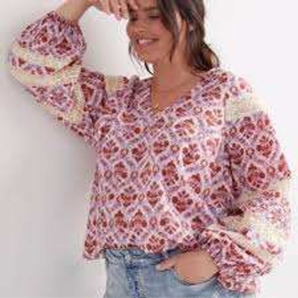 Eze Sur Mer Pink Floral Crochet Lace  BalloonSleeve V-Neck Cotton Women Blouse S